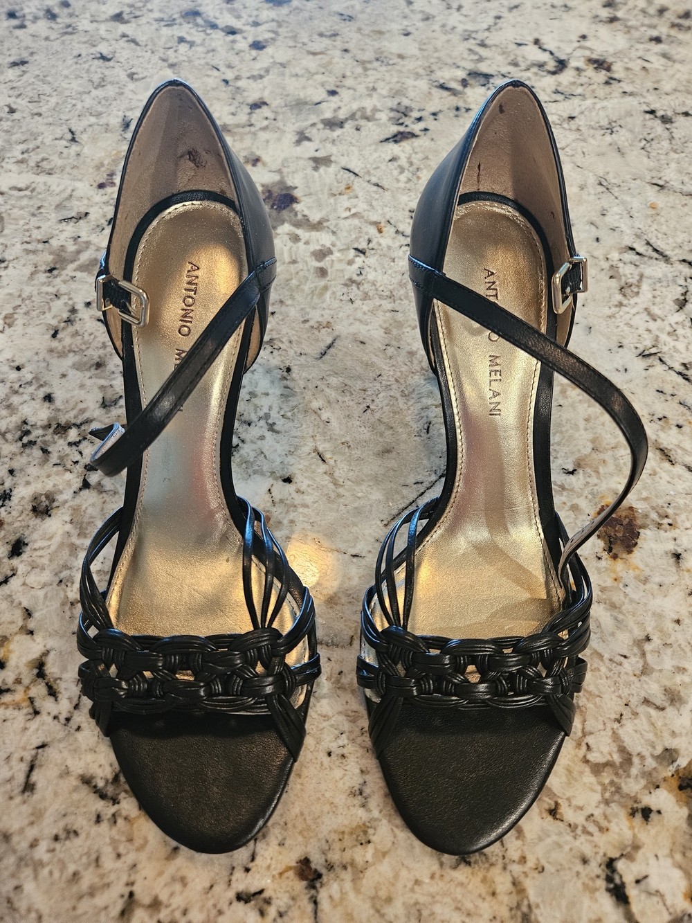 ANTONIO MELANI Black Braided-Strap Ankle-Heel Sandals